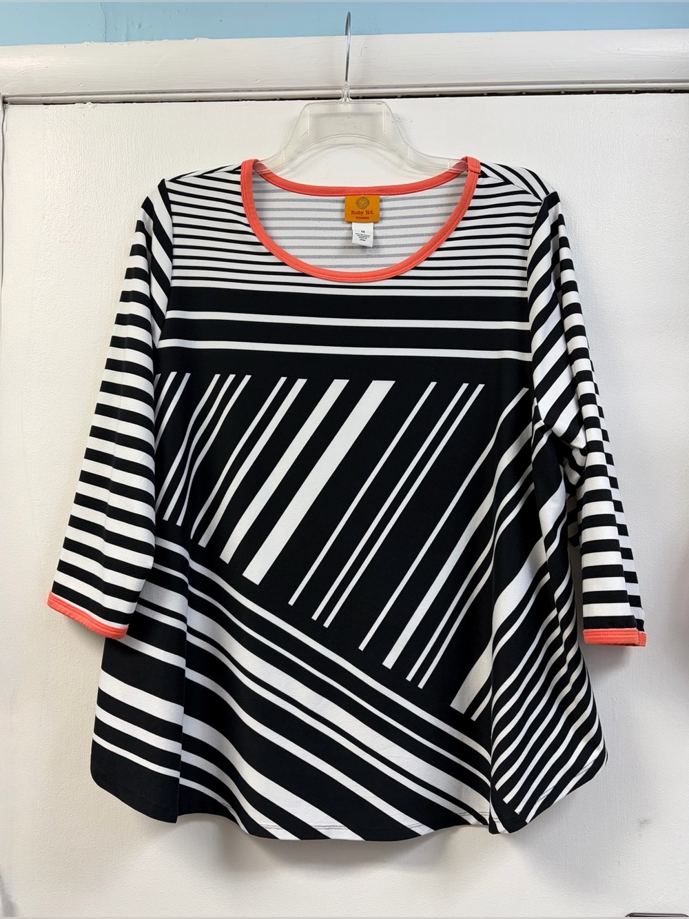 Ruby Rd. Black & White Striped Tunic with Coral Trim